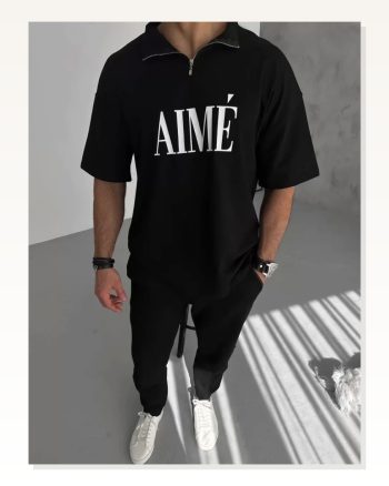 Unisex Yarım Fermuarlı Baskılı T-shirt Siyah