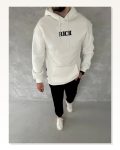 Uzun Kol Kapşonlu Göğüs Baskılı SweatShirt – Beyaz Marketplace