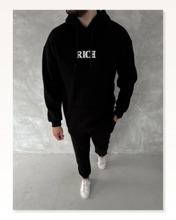 Uzun Kol Kapşonlu Göğüs Baskılı Sweatshirt Siyah