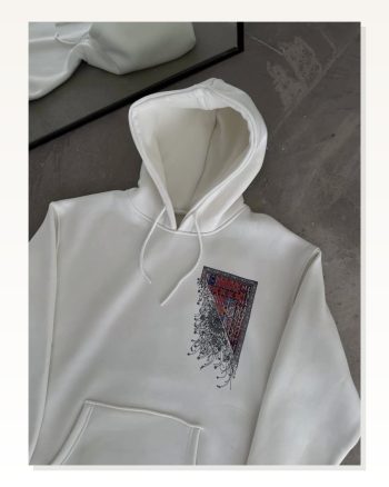 Uzun Kol Kapşonlu Ön ve Arka Baskılı Sweatshirt Beyaz