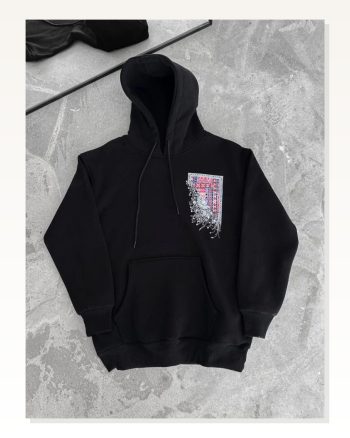 Uzun Kol Kapşonlu Ön ve Arka Baskılı Sweatshirt Siyah