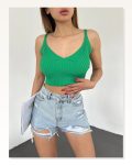 Kadın Modern Stil V Yaka Askılı Crop Triko Yeşil DF2202 Büstiyer