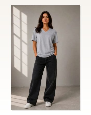 V Yaka Basic Tişört Kısa Kol Yazlık Regular Fit T-shirt Gri