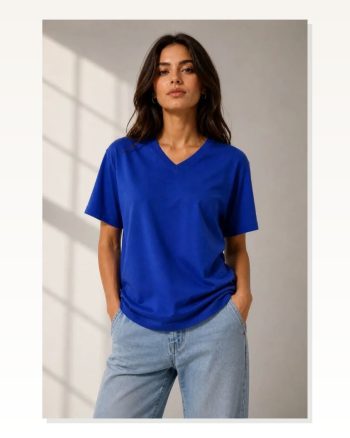 V Yaka Basic Tişört Kısa Kol Yazlık Regular Fit T-shirt Saks Mavisi