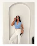 Bebek Vatkalı Kolsuz V Yaka Drapeli Crop Bluz Likralı Fit Mavisi