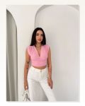Vatkalı Kolsuz V Yaka Drapeli Crop Bluz Likralı Fit Pembe