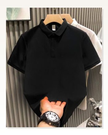 Kadın Günlük Stil Siyah Yakası Düğmeli Yakalı Pike Düz Tişört