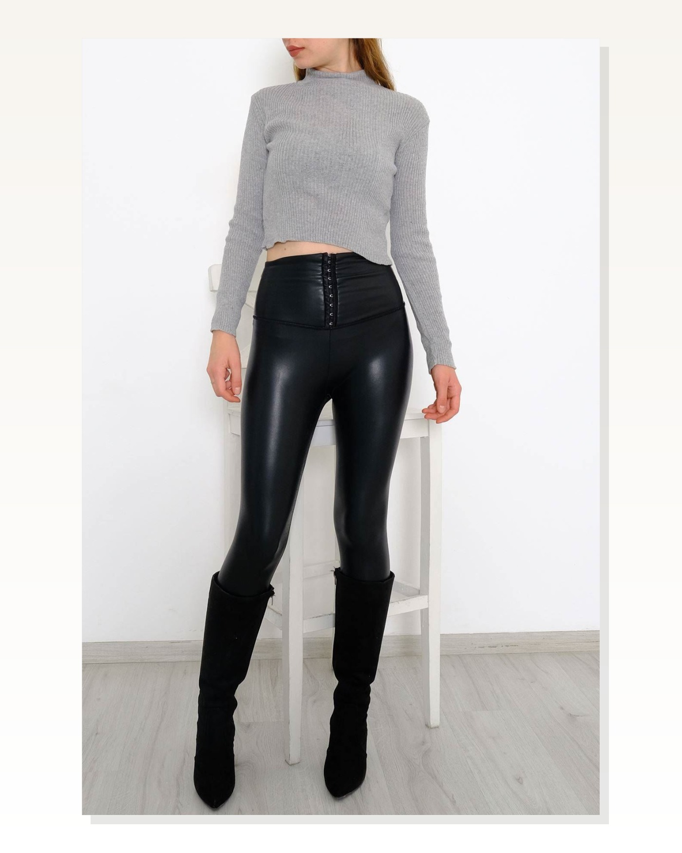 Kadın Modern Stil Yarım Balıkçı Crop Triko Gri Marketplace blank