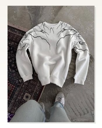 Yıldırım Baskılı Bisiklet Yaka Sweatshirt Beyaz
