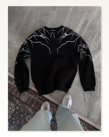 Kadın Baskılı Günlük Stil Siyah Yıldırım Bisiklet Yaka Sweatshirt