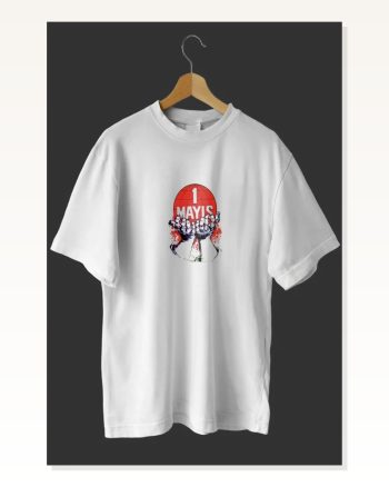 1 Mayıs Emek ve Dayanışma Günü Baskılı Oversize Bisiklet Yaka T-shirt Beyaz