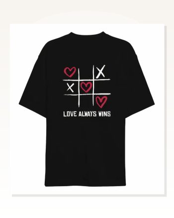 14 Şubat Sevgililer Günü Love Always Wins Baskılı Oversize Bisiklet Yaka T-shirt Siyah