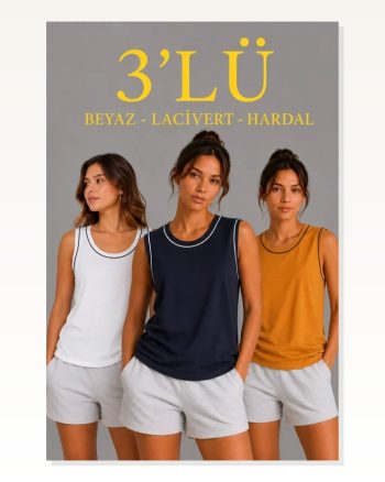 3’Lü Kolsuz Sporcu Atlet Seti Yazlık Bisiklet Yakalı Beyaz, Lacivert, Hardal