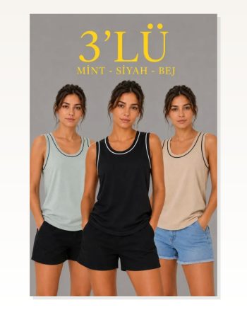 3’Lü Kolsuz Sporcu Atlet Seti Yazlık Bisiklet Yakalı Mint Yeşili, Siyah, Bej