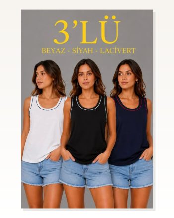 3’Lü Kolsuz Sporcu Atlet Seti Yazlık Bisiklet Yakalı Siyah, Lacivert, Beyaz