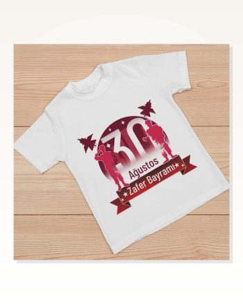 Ağustos Zafer Bayramı Atatürk Baskılı Kısa Kollu Bisiklet Yaka T-shirt Beyaz