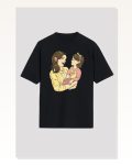 Anneler Günü Hediye Anne Kız Temalı Baskılı Oversize Bisiklet Yaka T-shirt Siyah