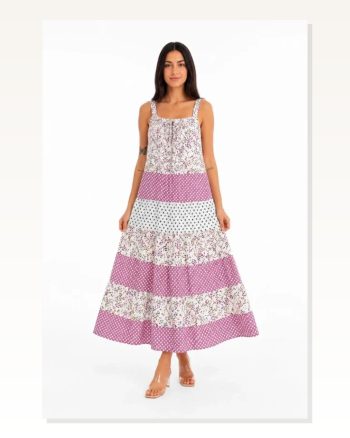 Askılı Çiçek Desenli Keten Kumaş Kat Salaş Maxi Elbise Pembe