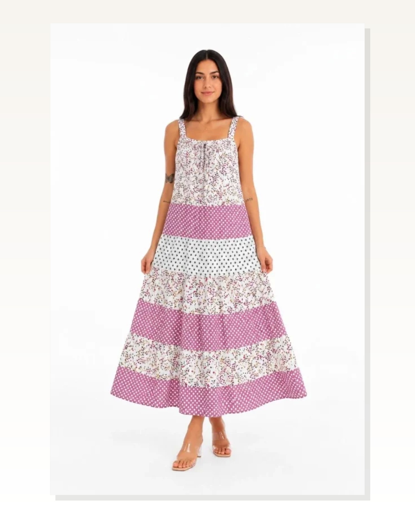 Askılı Çiçek Desenli Keten Kumaş Kat Kat Salaş Maxi Elbise - Pembe Marketplace blank