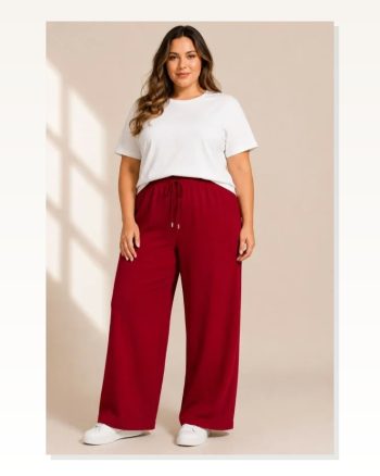 Battal Beden Bürümcük Kumaş Beli Lastikli Bağcıklı Bol Paça Palazzo Pantolon Bordo