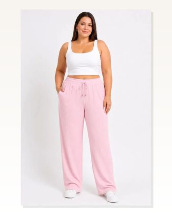 Battal Beden Bürümcük Kumaş Beli Lastikli Bağcıklı Bol Paça Palazzo Pantolon Pembe