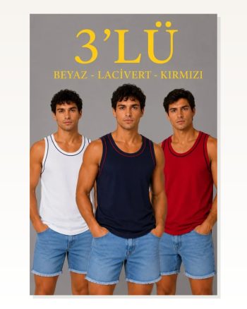 Erkek 3’Lü Kolsuz Sporcu Atlet Seti Yazlık Bisiklet Yakalı Lacivert, Kırmızı, Beyaz