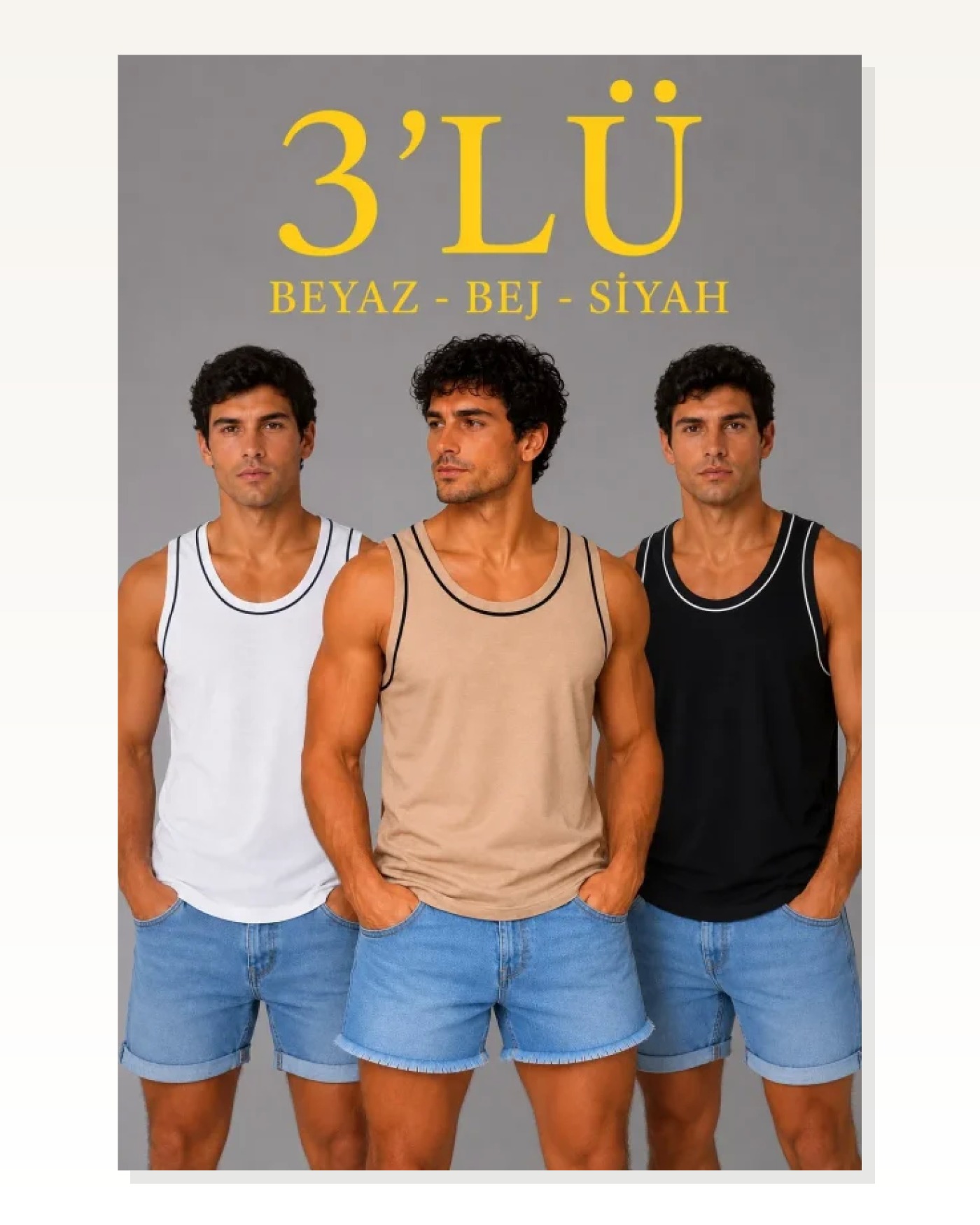 Erkek 3’lü Kolsuz Sporcu Atlet Seti Yazlık Bisiklet Yakalı - Siyah, Bej, Beyaz Marketplace blank