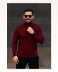 Erkek Balıkcı Yaka Bağazlı Triko Kazak Pamuklu Kalın Fitilli Dokuma, Regular Fit Uzun Kollu Kışlık Model Bordo