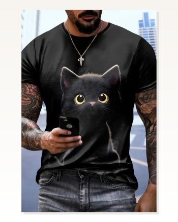 Erkek Bisiklet Yaka Kedi Baskılı Süprem T-shirt