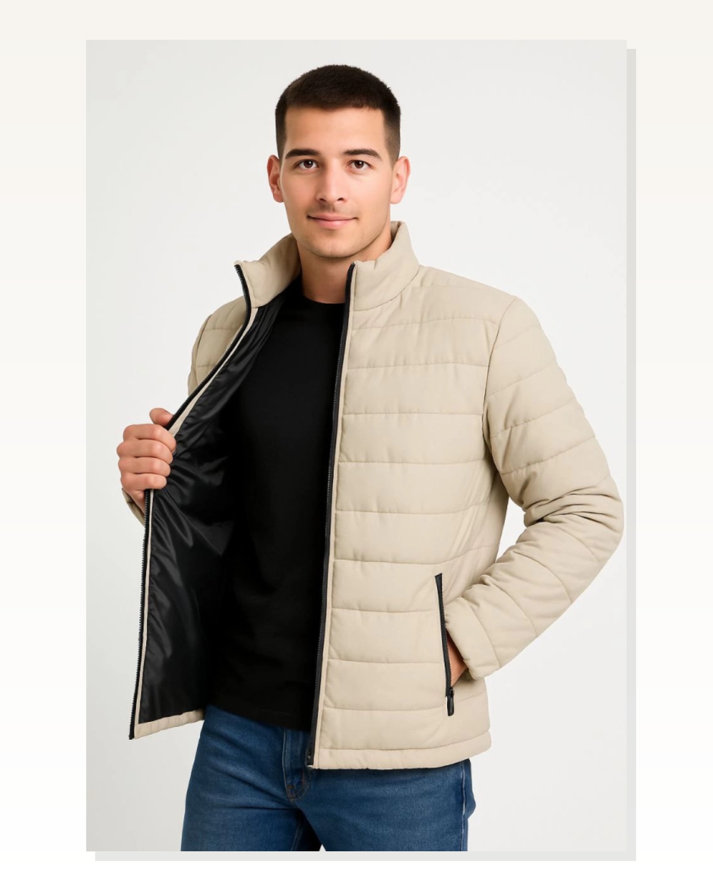 Erkek Bomber Mont Ceket – Su İtici Kumaş, Kapitone Astarlı, Fermuarlı, Kışlık - Bej Marketplace blank