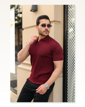 Erkek Örgü Desen Yakalı Kısa Kollu Triko Tişört