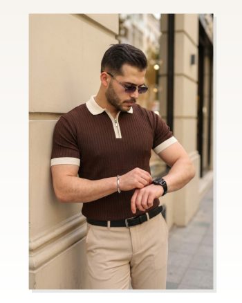Erkek Yaka ve Kol Detaylı Fermuar Yakalı Çizgi Desen Kısa Kollu Triko Tişört