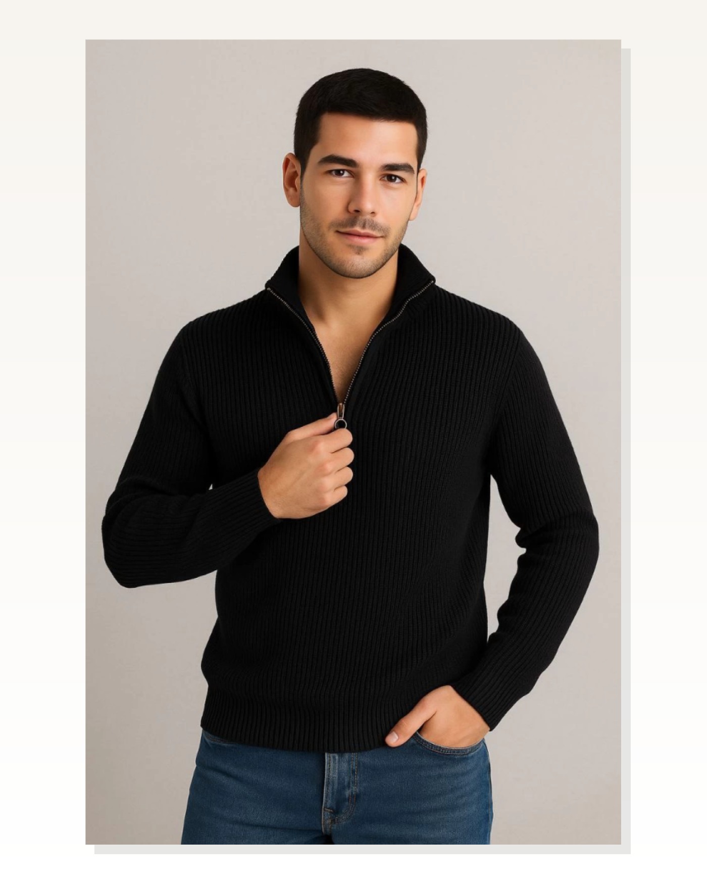 Erkek Yarım Fermuarlı Triko Kazak – Selanik Örgü, Dik Yaka, Pamuklu Dokuma, Regular Fit Uzun Kollu Kışlık Model - Siyah Marketplace blank