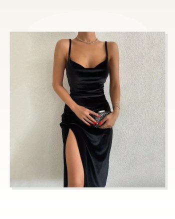 Kadın Askılı Degaje Yakalı Yırtmaçlı Kadife Midi Elbise