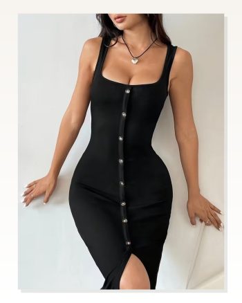 Kadın Askılı Kare Yakalı Önden Düğmeli Midi Kaşkorse Elbise