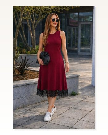 Kadın Askılı Yuvarlak Yakalı Etek Ucu Dantelli Midi Elbise
