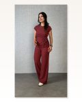 Kadın Kısa Kollu Bisiklet Yaka Yandan Bağlamalı Bürümcük Bluz Ve Pantolon Ikili Takım Marketplace