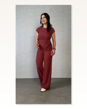 Kadın Kısa Kollu Bisiklet Yaka Yandan Bağlamalı Bürümcük Bluz ve Pantolon Ikili Takım