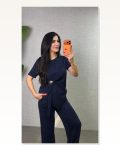 Kadın Kısa Kollu Bisiklet Yaka Yandan Toka Detaylı Viskon Iki Iplik Bluz ve Pantolon Ikili Takım