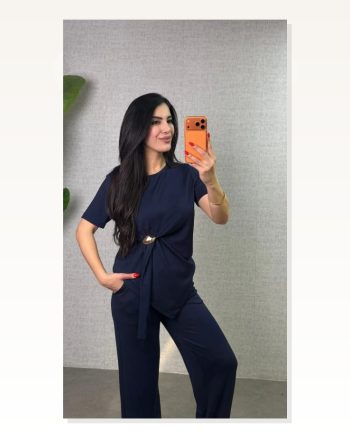 Kadın Kısa Kollu Bisiklet Yaka Yandan Toka Detaylı Viskon Iki Iplik Bluz ve Pantolon Ikili Takım