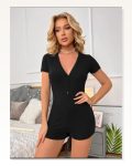 Kadın Kısa Kollu Önü Düğmeli Mini Bodycon Fitilli Kaşkorse Tulum