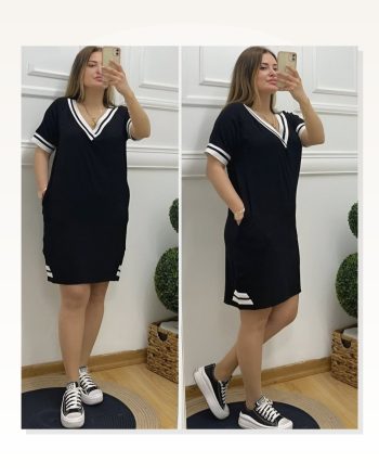Kadın Kısa Kollu V Yaka Ribana Detaylı Cepli Dizüstü Viskon Elbise