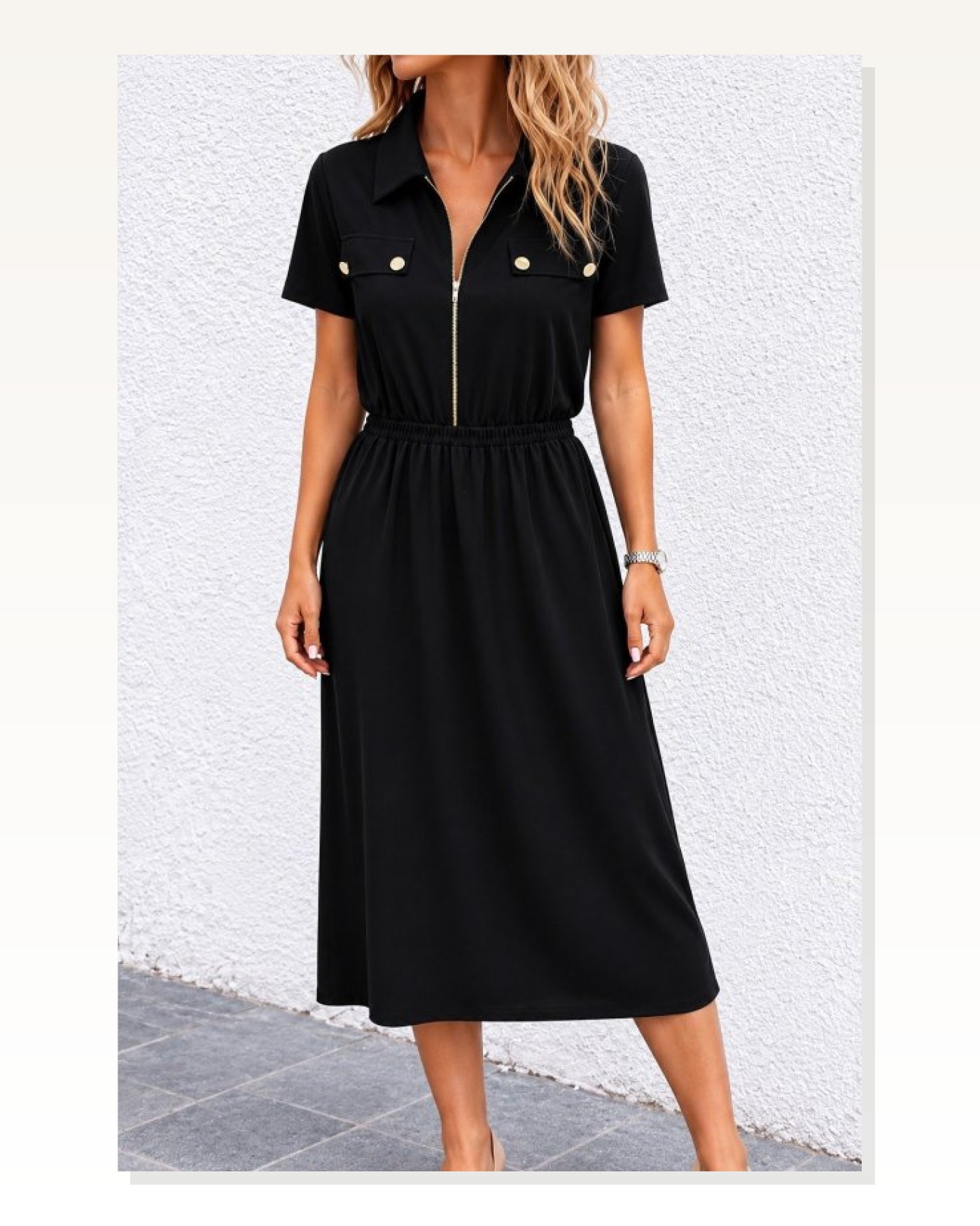 Kadın Kısa Kollu Yakalı Fermuarlı Süs Cep Detaylı Uzun Viskon Iki Iplik Elbise Marketplace blank