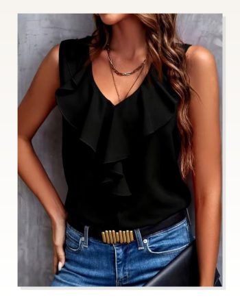Kadın Kolsuz Fırfır Yakalı Sandy Bluz