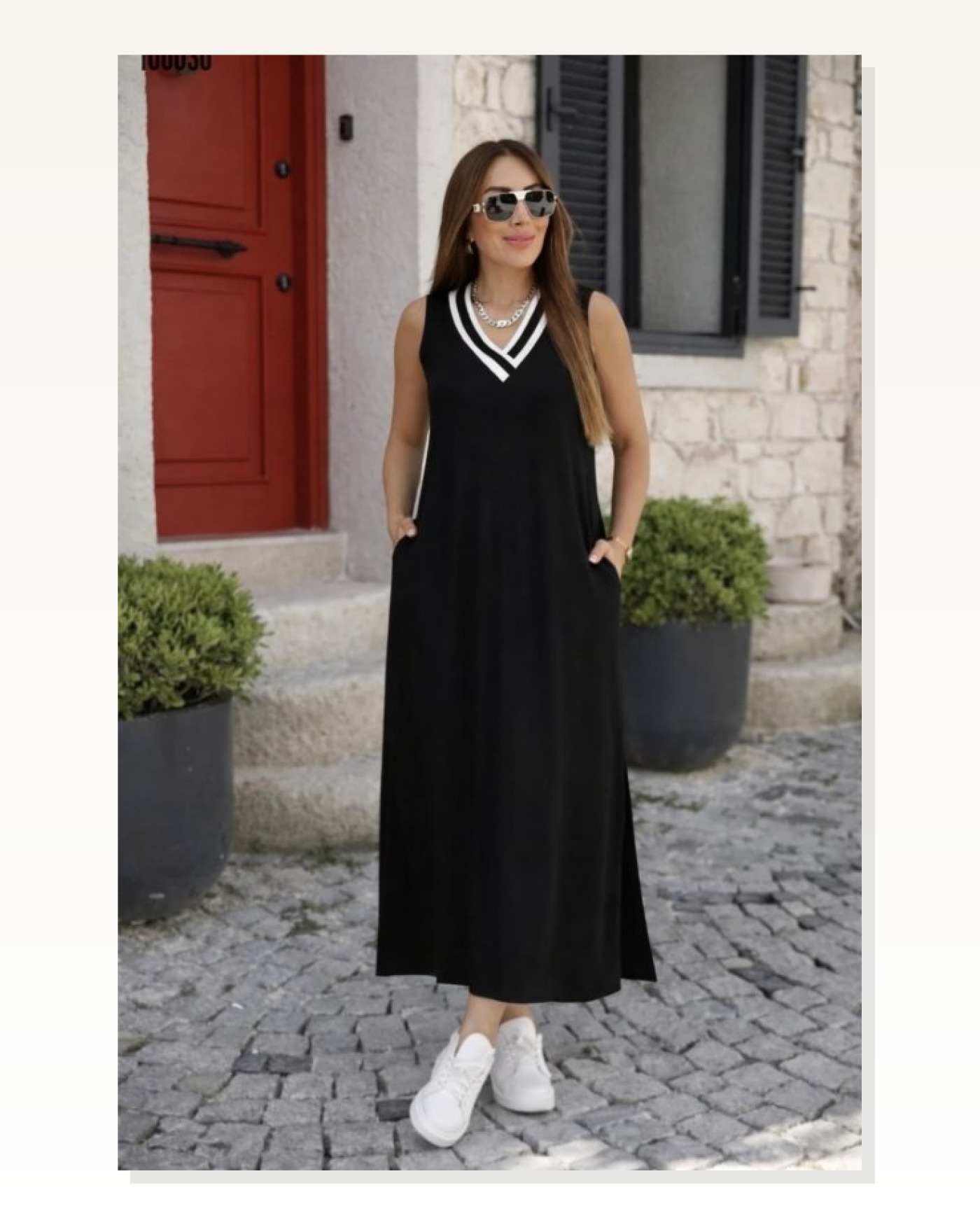 Kadın Kolsuz V Ribana Yakalı Cepli Uzun Viskon Iki Iplik Elbise Marketplace blank