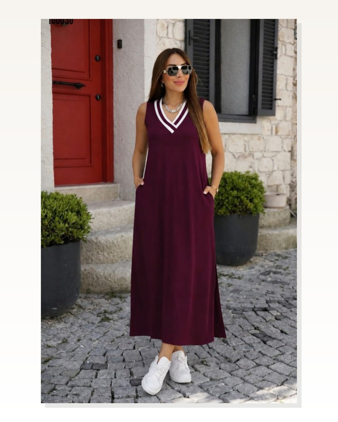 Kadın Kolsuz V Ribana Yakalı Cepli Uzun Viskon Iki Iplik Elbise Marketplace blank