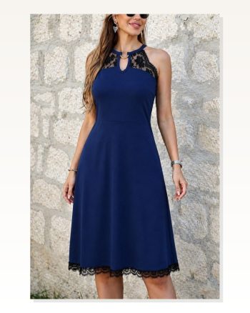 Kadın Omuzlardan Açık Yakadan Halka Aksesuar Detaylı Dantel Midi Viskon Elbise