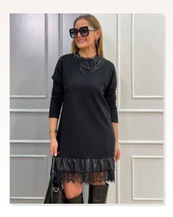 Kadın Uzun Kollu Bisiklet Yaka Etek Ucu Deri Dantelli Viskon Iki Iplik Midi Elbise
