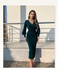 Kadın Uzun Kollu Kruvaze Yaka Büzgü Ve Balon Kol Detay Simli Krep Kumaş Maxi Boy Elbise Marketplace