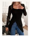 Kadın Uzun Kollu Tül Detaylı Kare Yakalı Asimetrik Kesim şardonlu Dalgıç Bluz Marketplace